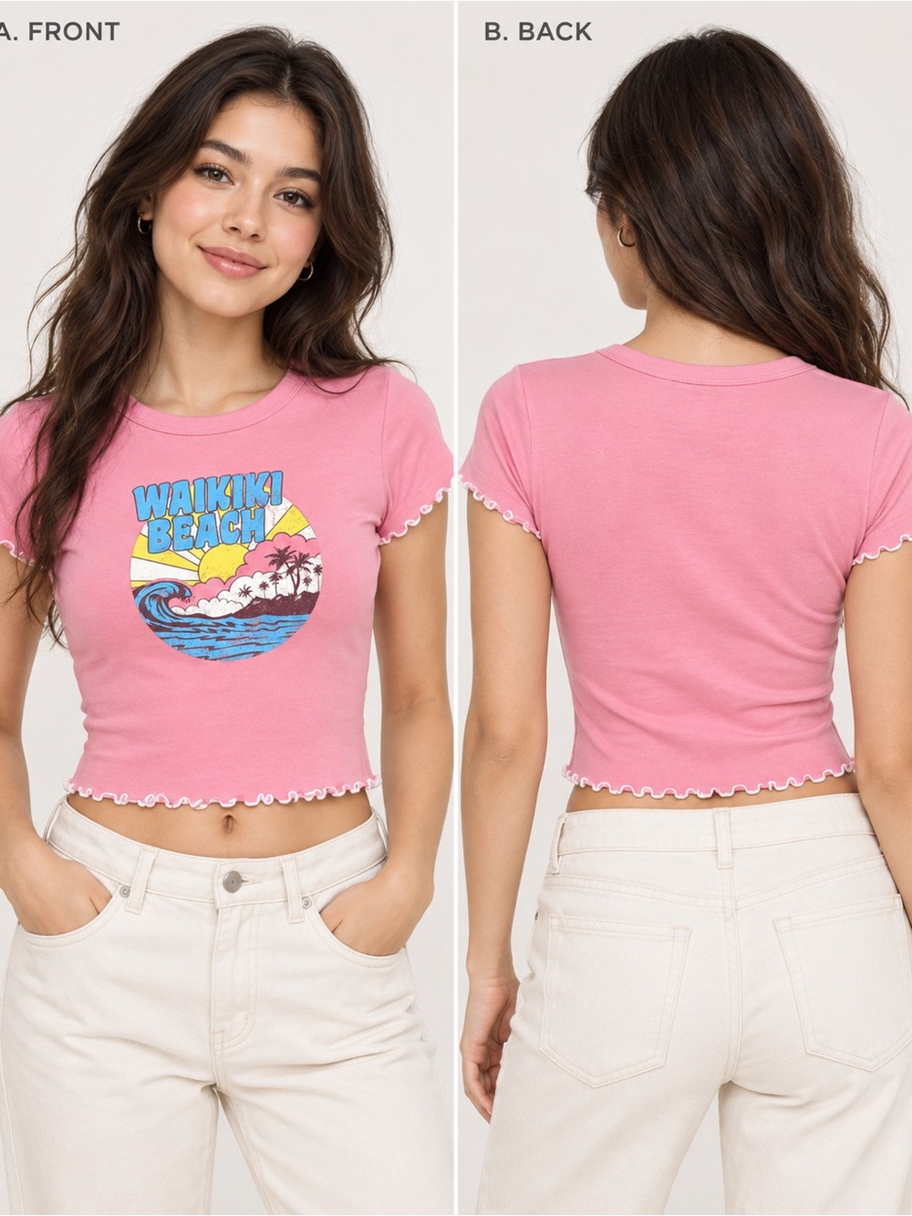 Forever 21 Pink Baby Graphic Waikiki Beach Tee Lettuce Trim Size Small
